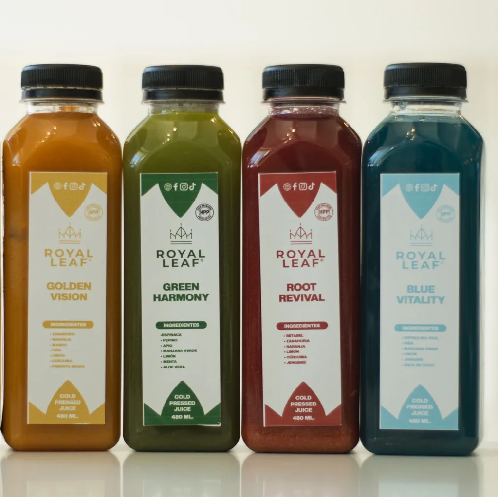 Jugos cold pressed Golden Vision, Green Harmony, Root Revival y Blue Vitality