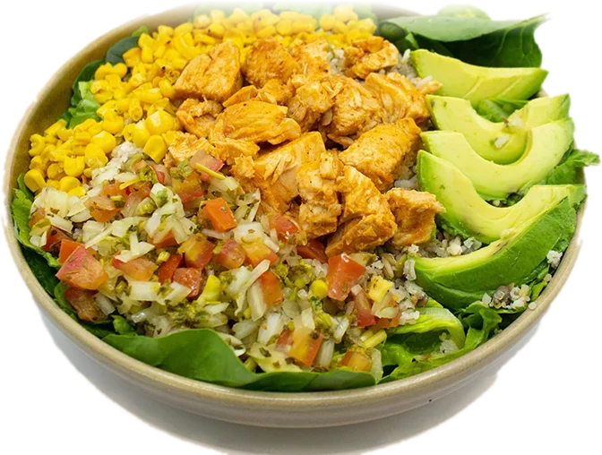 Mexican Bowl con pollo chipotle, elote, pico de gallo y aguacate